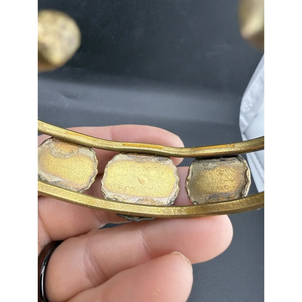 Vintage Bangle Bracelet Dangle Earrings Set‎ Clay Inlay Brass Tone 6.5